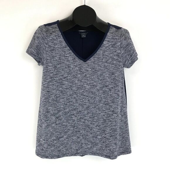 Eddie Bauer V-Neck Mixed Media Top Women's Petite Medium Blue Knit Woven Casual - Picture 1 of 12